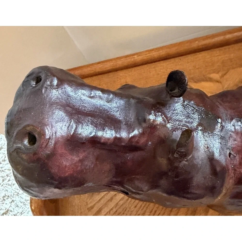 Vintage Leather Wrapped Hippo Hippopotamus Figure Red Eye 12x10x4 Decor